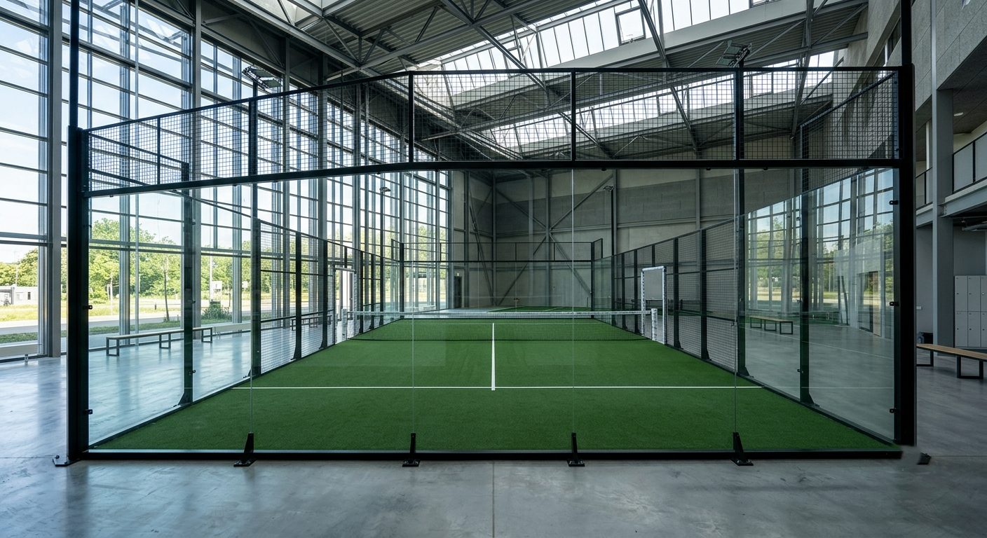 Fedett padel pálya üvegfalas csarnokban, természetes megvilágítással – Grass G.O.A.T.