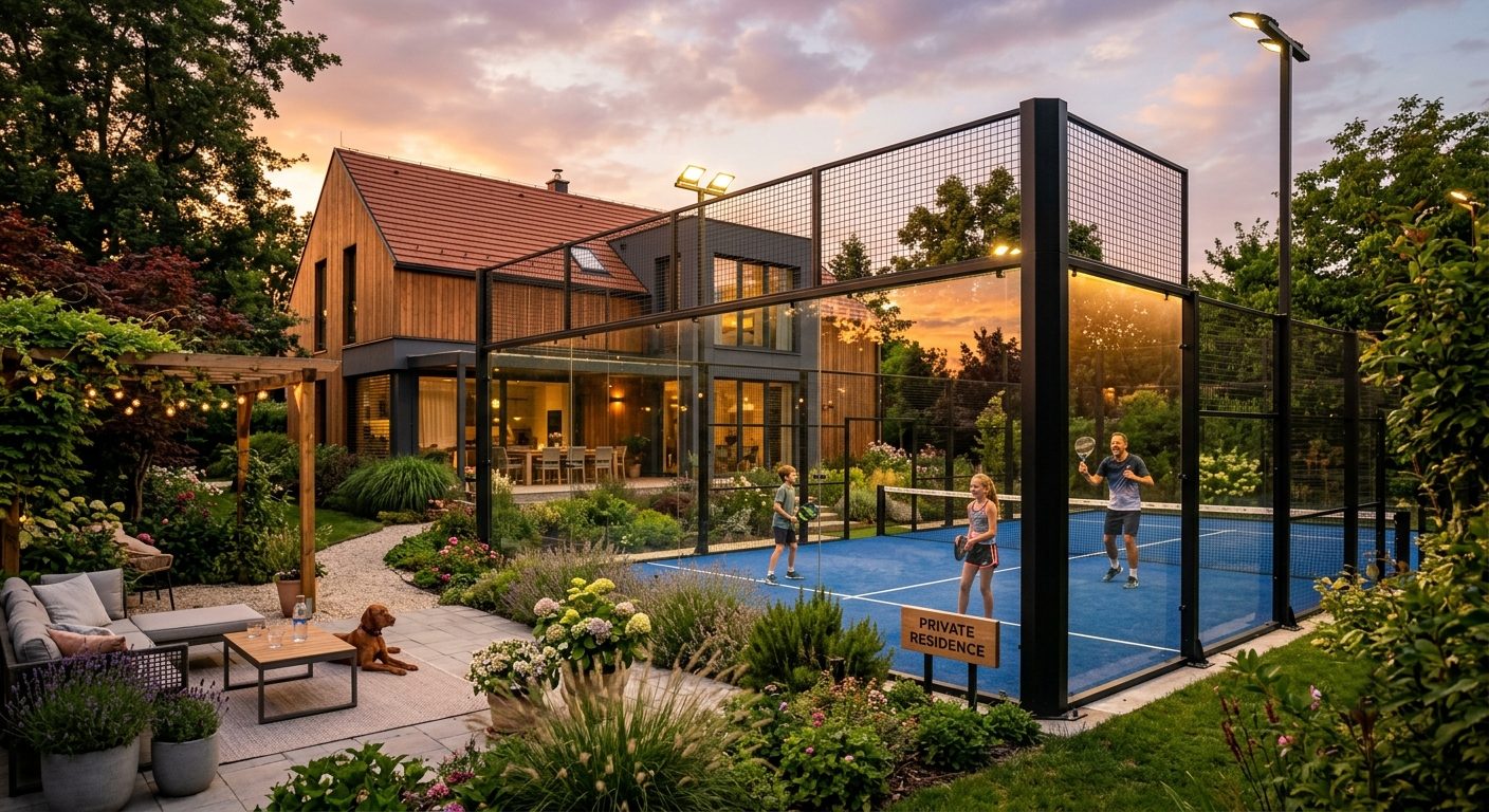 Padel pálya otthoni kertben, üvegfalakkal és világítással