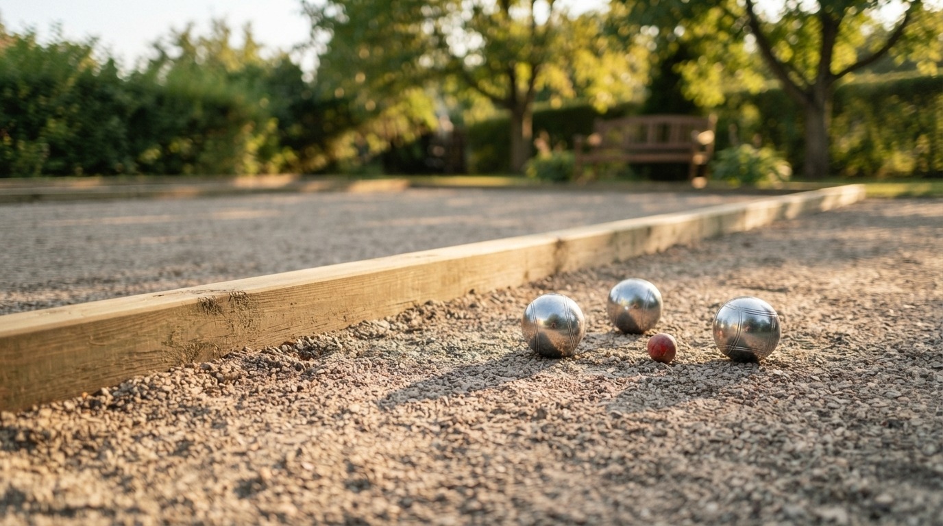 Petanque pálya építés: frissen elkészült pálya zúzottkő burkolattal, fa szegéllyel és acélgolyókkal