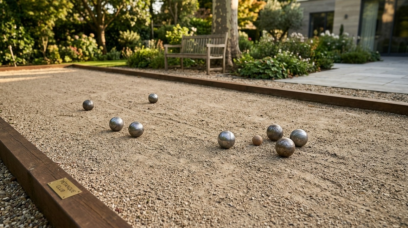 Petanque pálya mérete és burkolata felülnézetből, golyókkal és célgolyóval