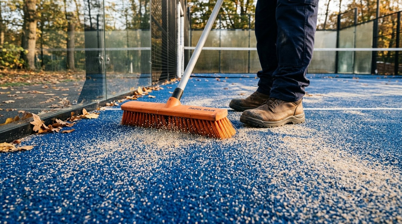 Padel pálya karbantartása: kék műfű kefélése és kvarchomok elosztása üvegfalas pályán